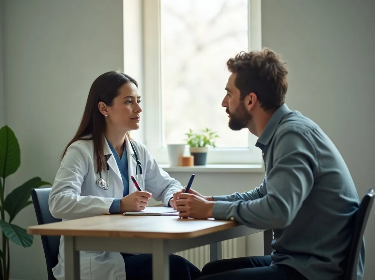 Consulta de medicina do trabalho num gabinete, com o medico a tomar notas